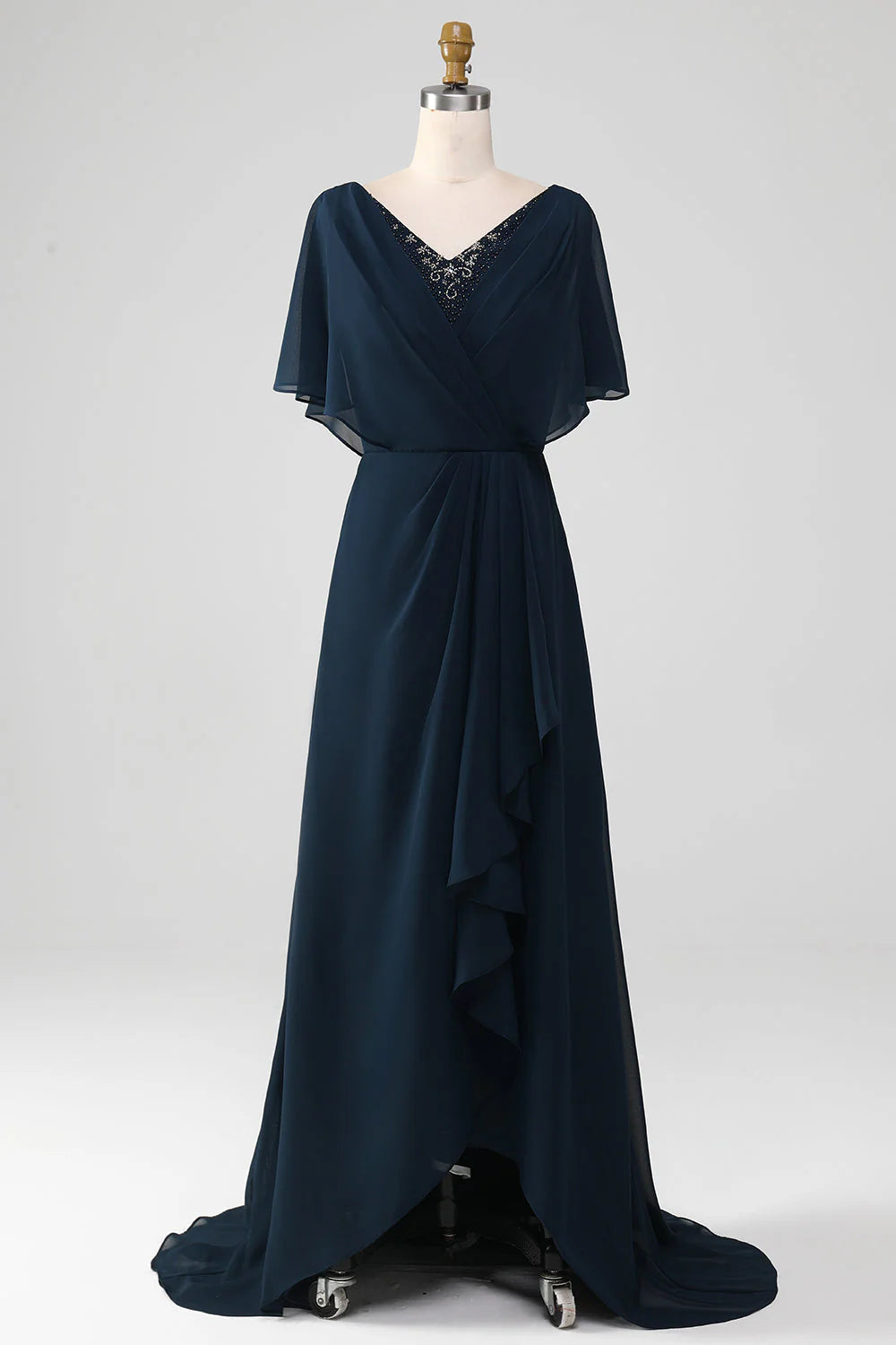 Robe de mère de la mariée asymétrique à paillettes et col en V, coupe trapèze et perles